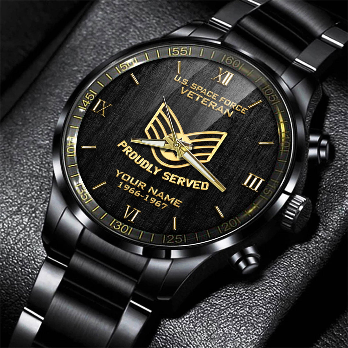 US Space Force Veteran Black & Gold Watch Proudly Served Space Force Fashion Watch Custom Veterans Gift