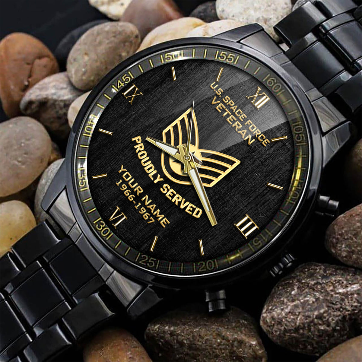US Space Force Veteran Black & Gold Watch Proudly Served Space Force Fashion Watch Custom Veterans Gift