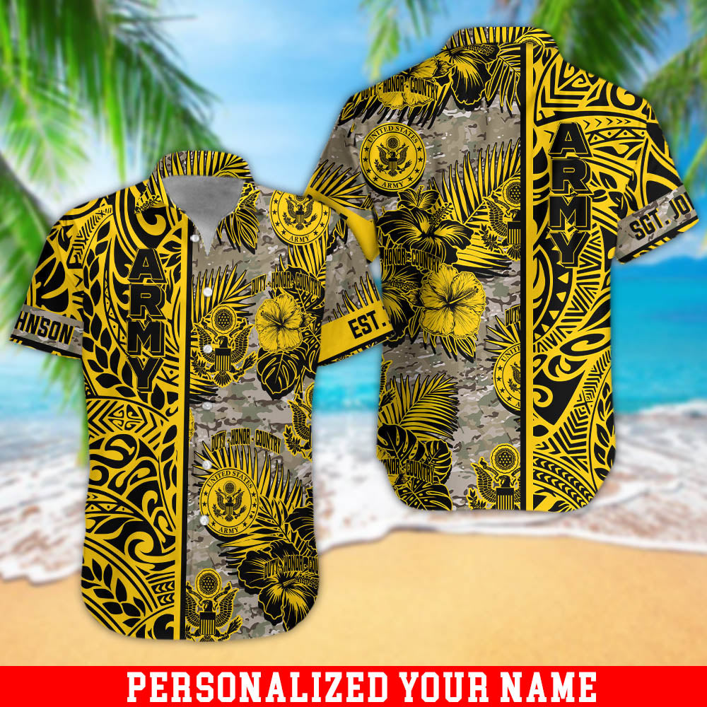 United States Army Hawaiian Shirt Black Yellow Floral Military Tropical Shirt Personalized US Army Gift