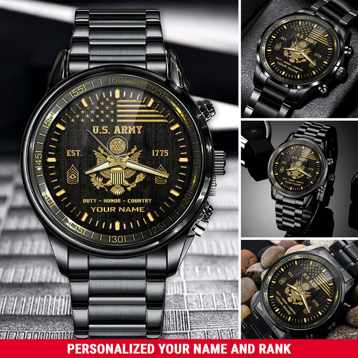 U.S. Army Emblem Black Gold Watch United States Army Est. 1775 Fashion Watch Personalized Soldier Gift