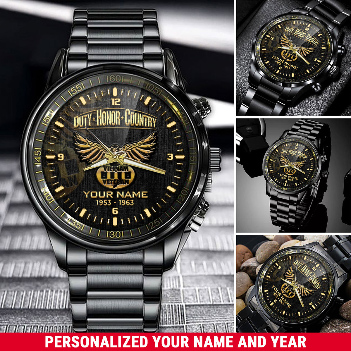 Vietnam Veteran Eagle Fashion Watch Duty Honor Country Black & Gold Watch Personalized Gift For Vietnam Veteran