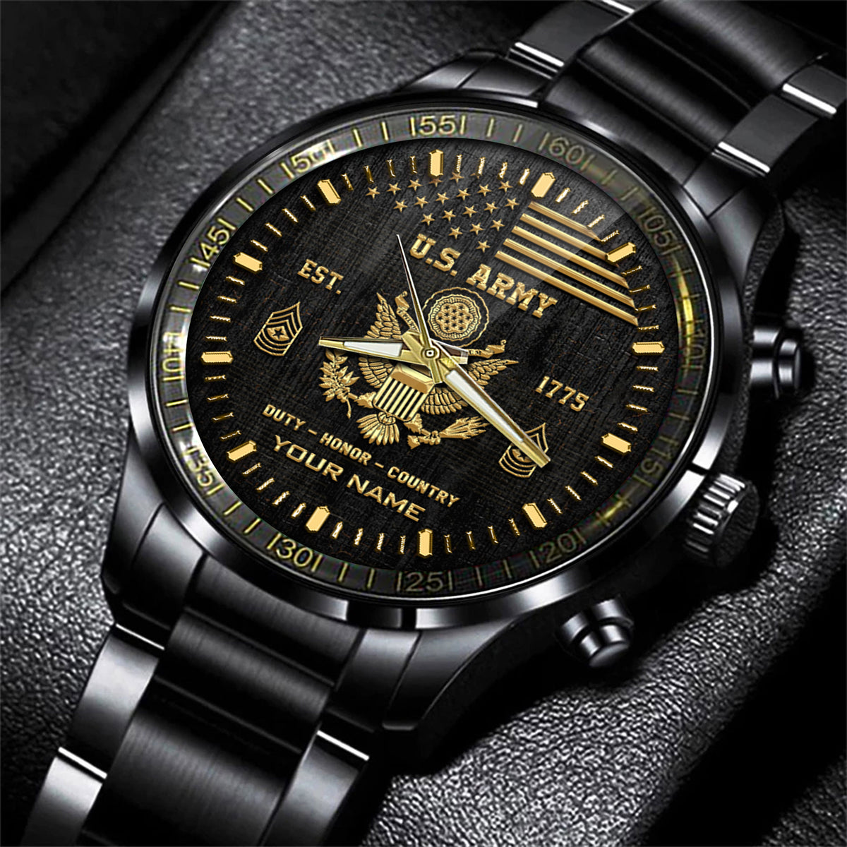 U.S. Army Emblem Black Gold Watch United States Army Est. 1775 Fashion Watch Personalized Soldier Gift