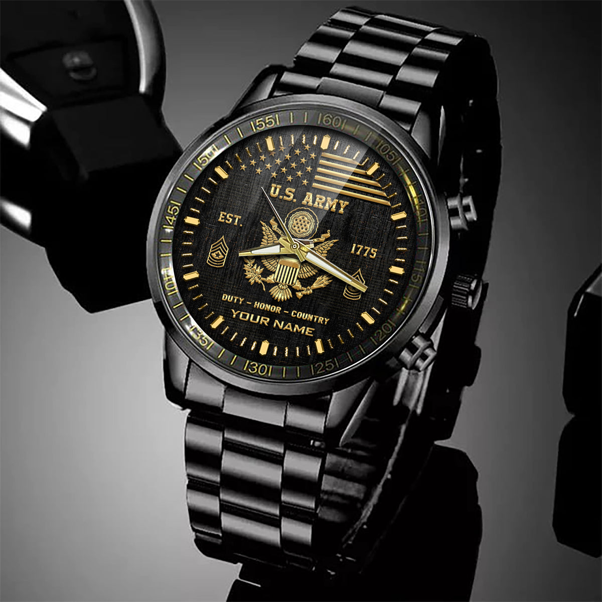U.S. Army Emblem Black Gold Watch United States Army Est. 1775 Fashion Watch Personalized Soldier Gift