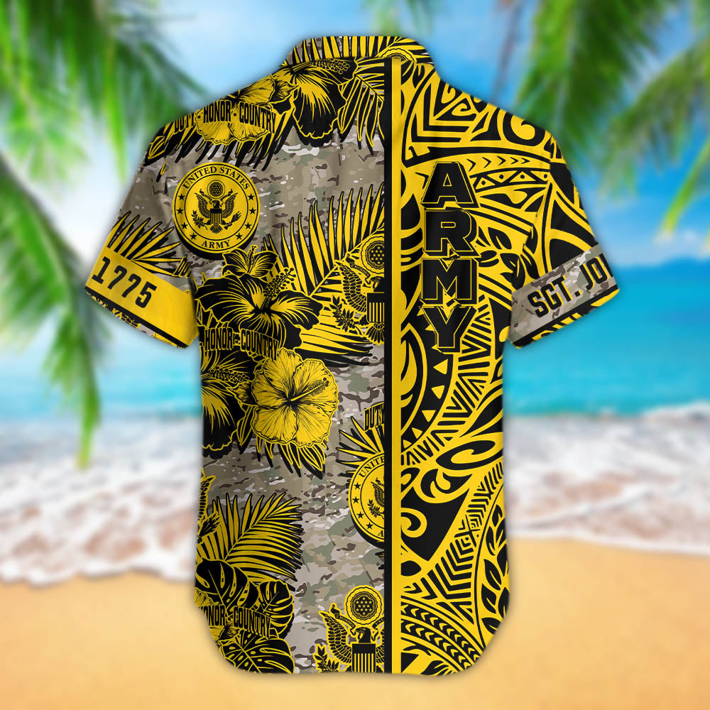 United States Army Hawaiian Shirt Black Yellow Floral Military Tropical Shirt Personalized US Army Gift