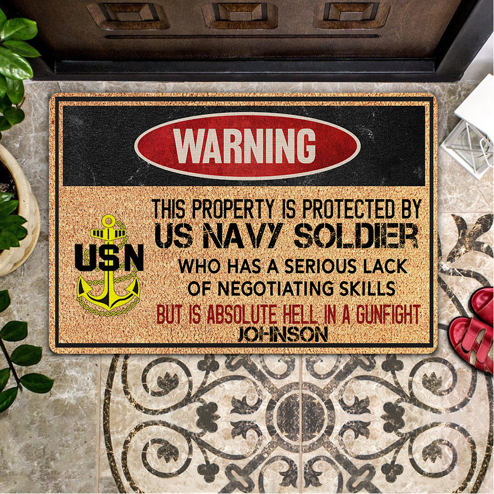 Veteran Custom Doormat Warning Property Protected Lack Negotiating Skills But Hell In A Gunfight Personalized Gift
