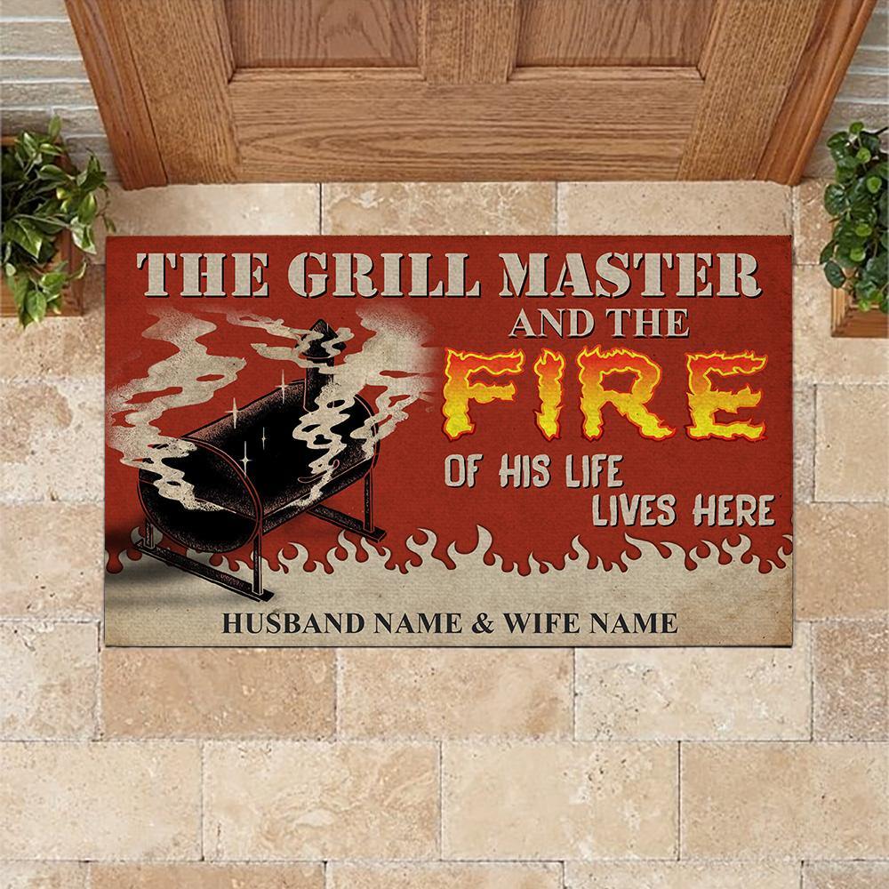 BBQ Custom Doormat Grill Master Lives Here With Flame Of His Life Couple Valentine's Day Personalized Gift - PERSONAL84