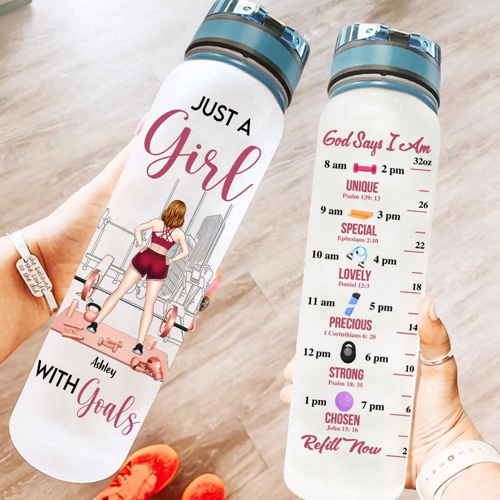 Gym Custom Tracker Bottle A Girl With Goals God Says I Am Personalized Fitness Gift