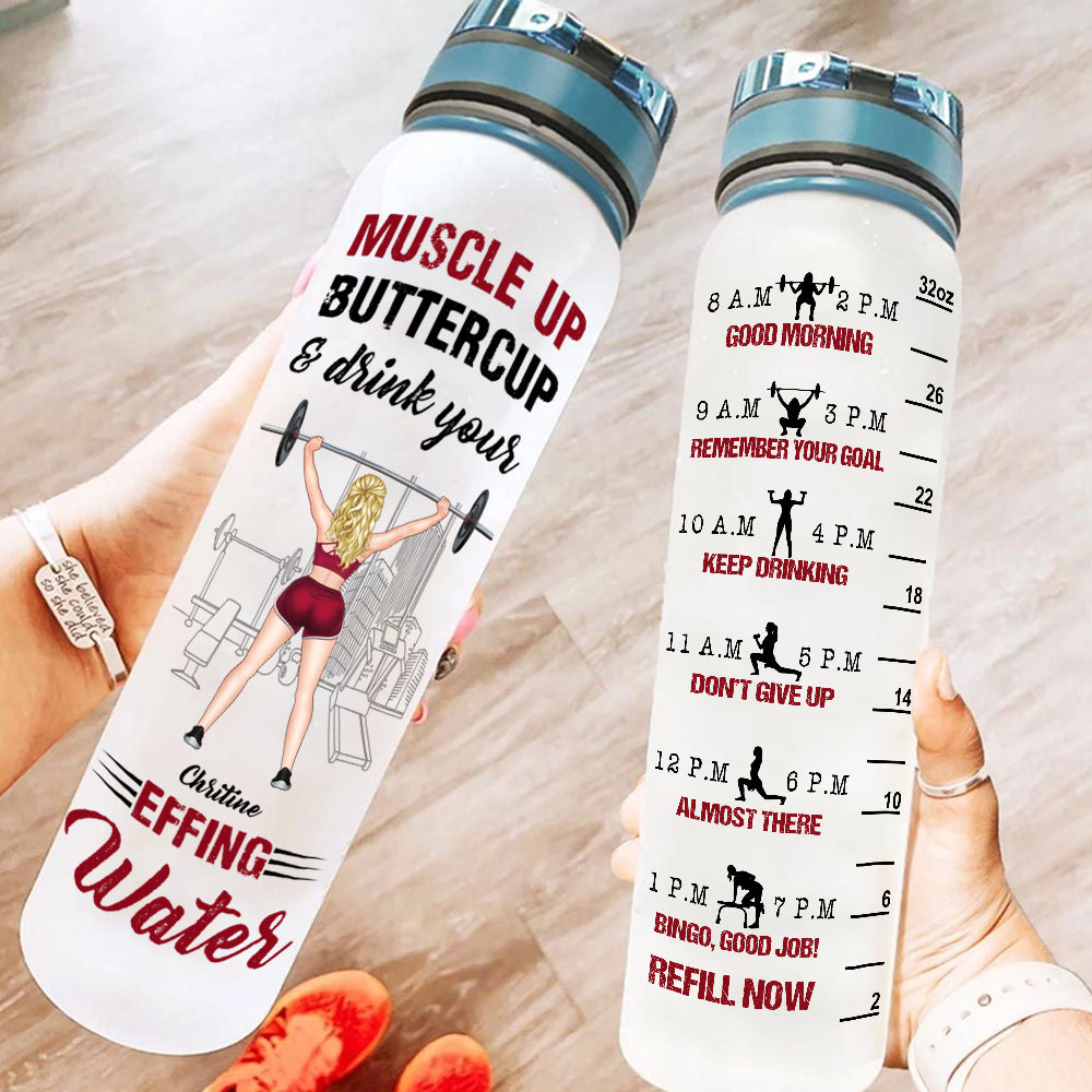 Gym Custom Tracker Bottle Muscle Up Buttercup Drink You Effing Water Personalized Fitness Gift