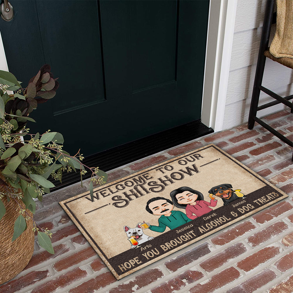 Dog Family Custom Doormat Welcome To Our Shitshow Hope You Brought Alcohol & Dog Treats Personalized Gift