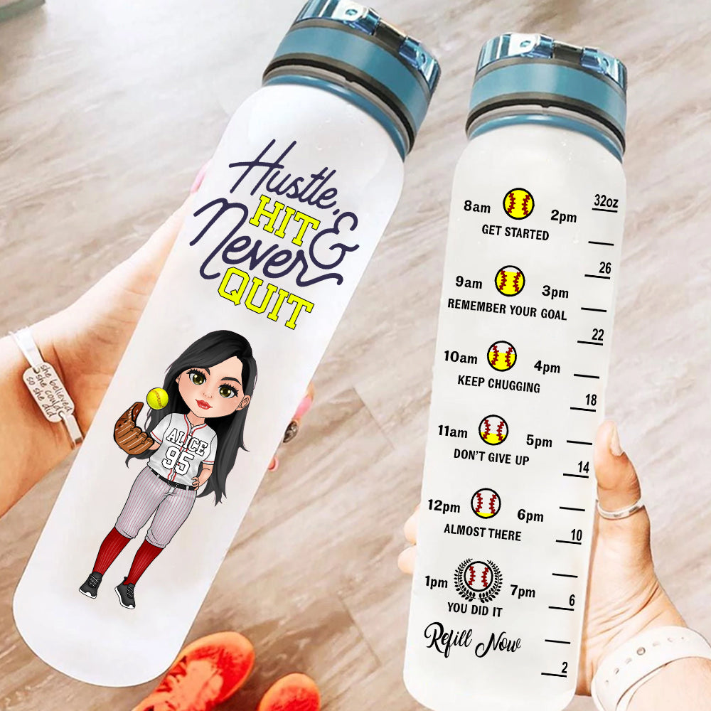 Softball Custom Tracker Bottle Hustle Hit Never Quit Personalized Gift