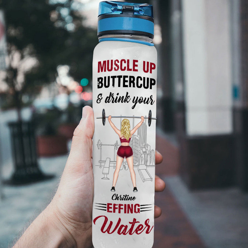 Gym Custom Tracker Bottle Muscle Up Buttercup Drink You Effing Water Personalized Fitness Gift