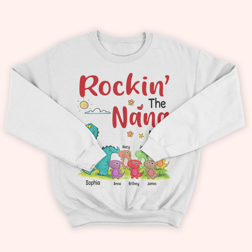 Grandma Custom Shirt With Grandkids Names Rockin The Nana Life Dinosaur Personalized Gift