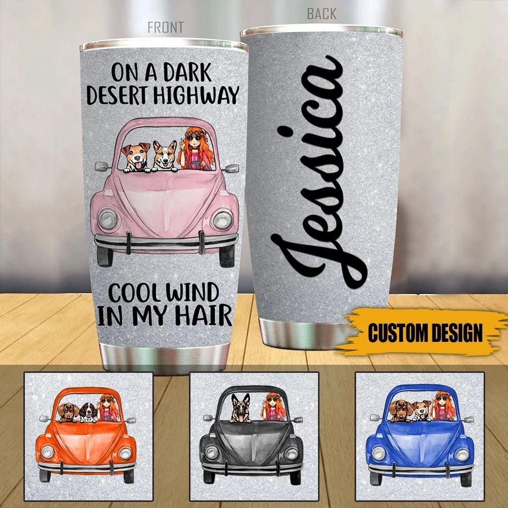 Dog X Bug Car Tumbler Customized Names and Breeds Bug Car Dog On Dark Desert Highway - PERSONAL84