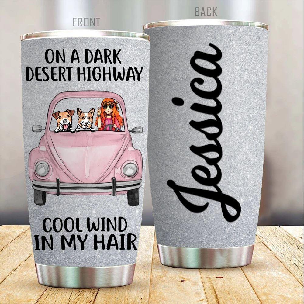 Dog X Bug Car Tumbler Customized Names and Breeds Bug Car Dog On Dark Desert Highway - PERSONAL84
