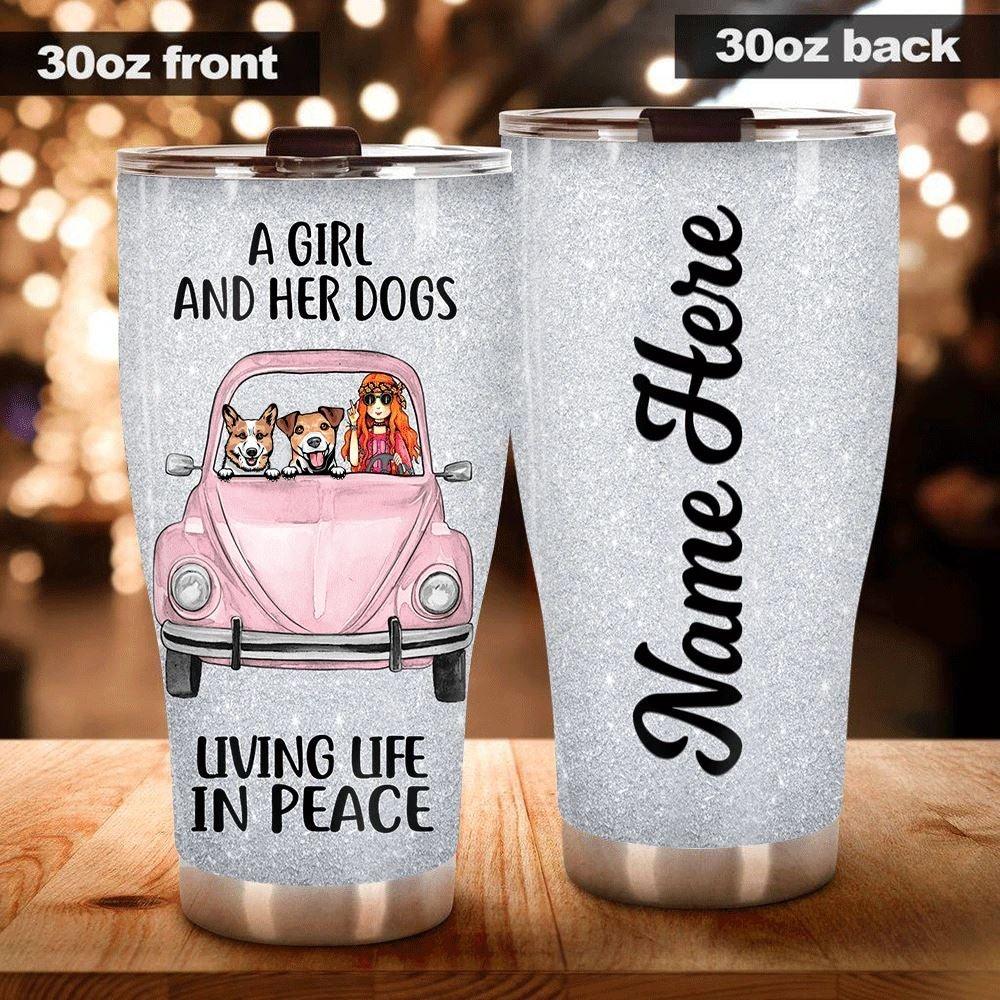 Hippie, Bug Car Tumbler Customized A Girl And Her Dogs Living Life In Peace Personalized Gift - PERSONAL84