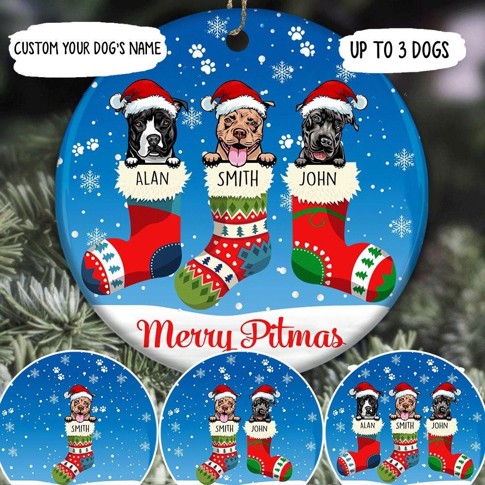 Pit Bull Circle Ornament Personalized Name And Color Merry Pitmas - PERSONAL84