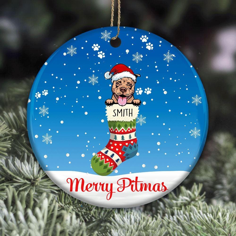 Pit Bull Circle Ornament Personalized Name And Color Merry Pitmas - PERSONAL84