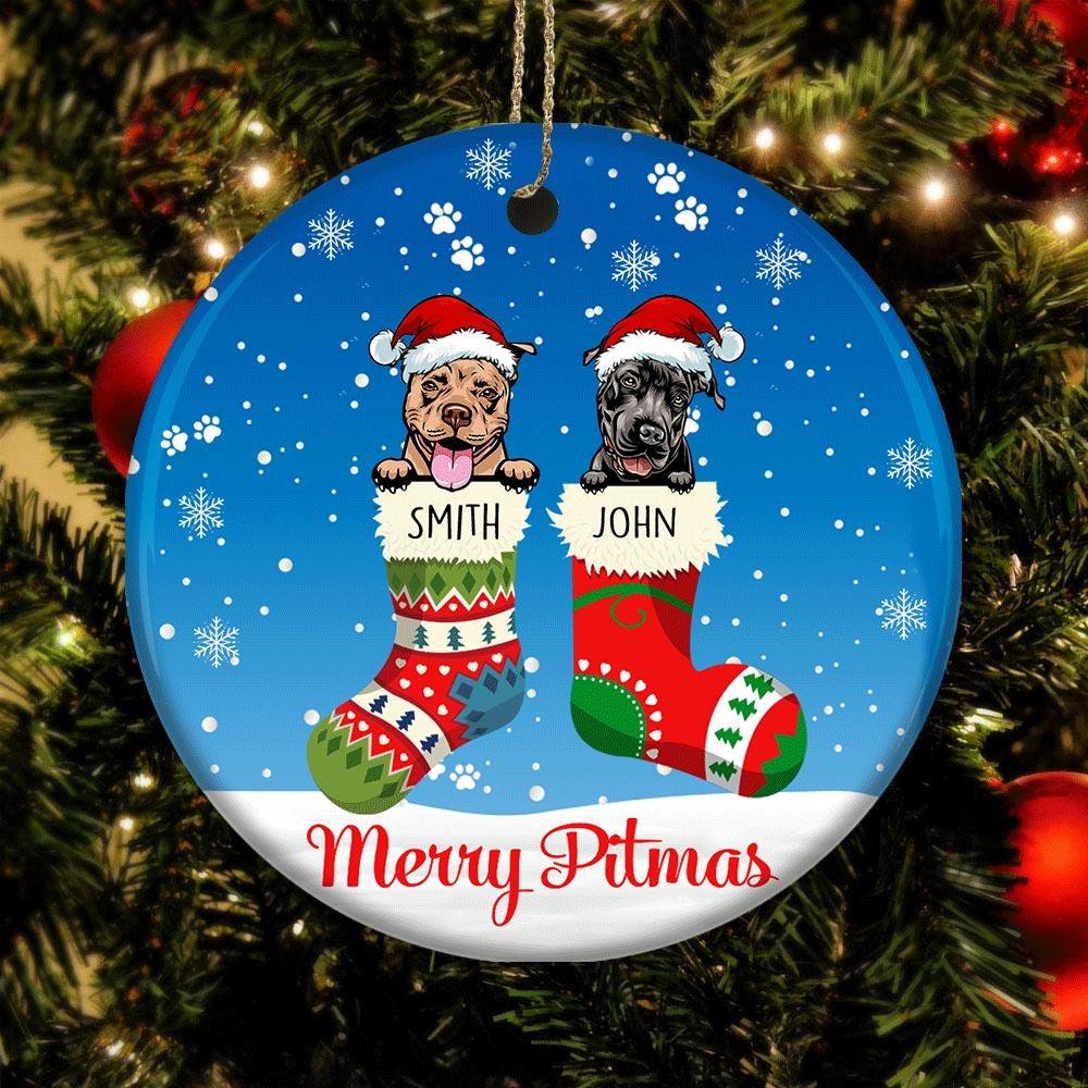 Pit Bull Circle Ornament Personalized Name And Color Merry Pitmas - PERSONAL84