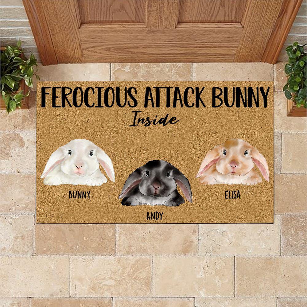 Rabbit Doormat Personalized Name and Color Ferocious Attack Bunny Inside - PERSONAL84
