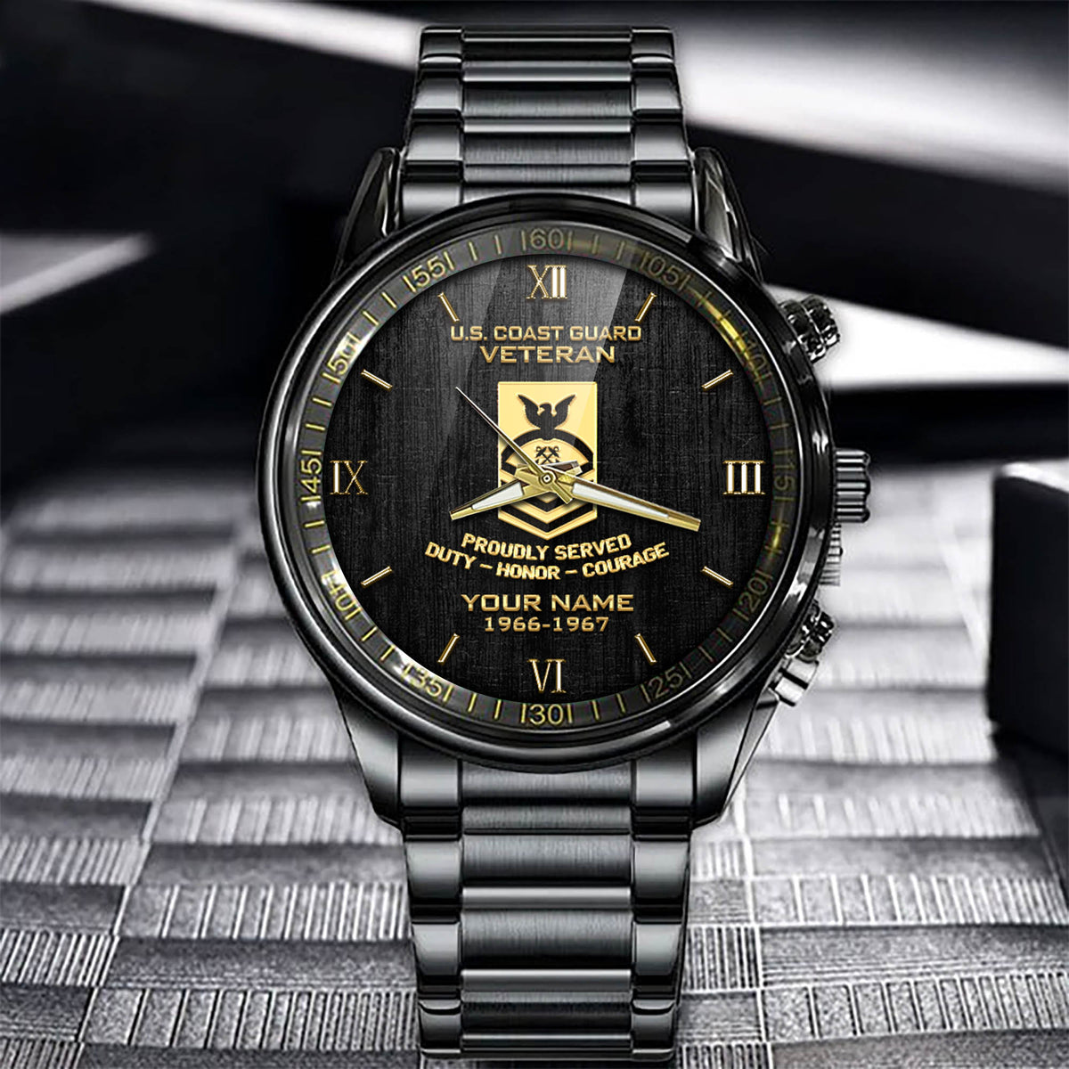 U.S. Coast Guard Veteran Watch Proudly Served Duty Honor Courage Black Watch Personalized Veteran Gift