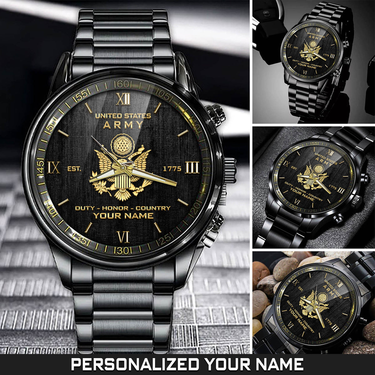 United States Army Black And Gold Watch Duty Honor Country US Army Watch Personalized Soldier Gift