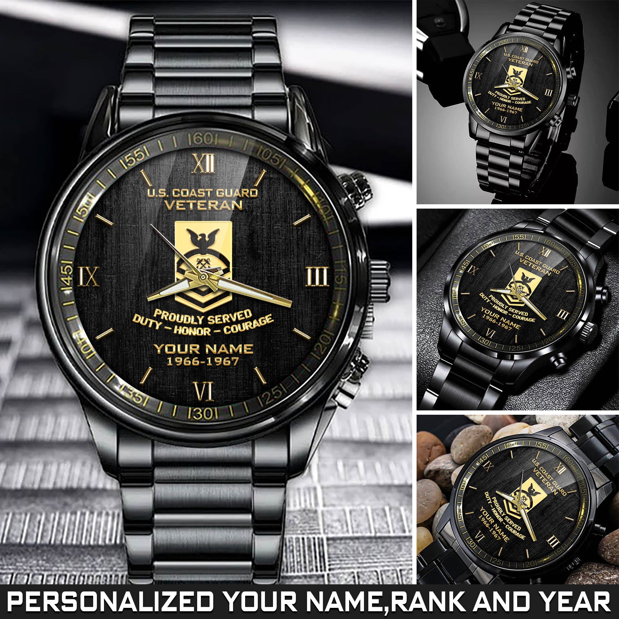 U.S. Coast Guard Veteran Watch Proudly Served Duty Honor Courage Black Watch Personalized Veteran Gift