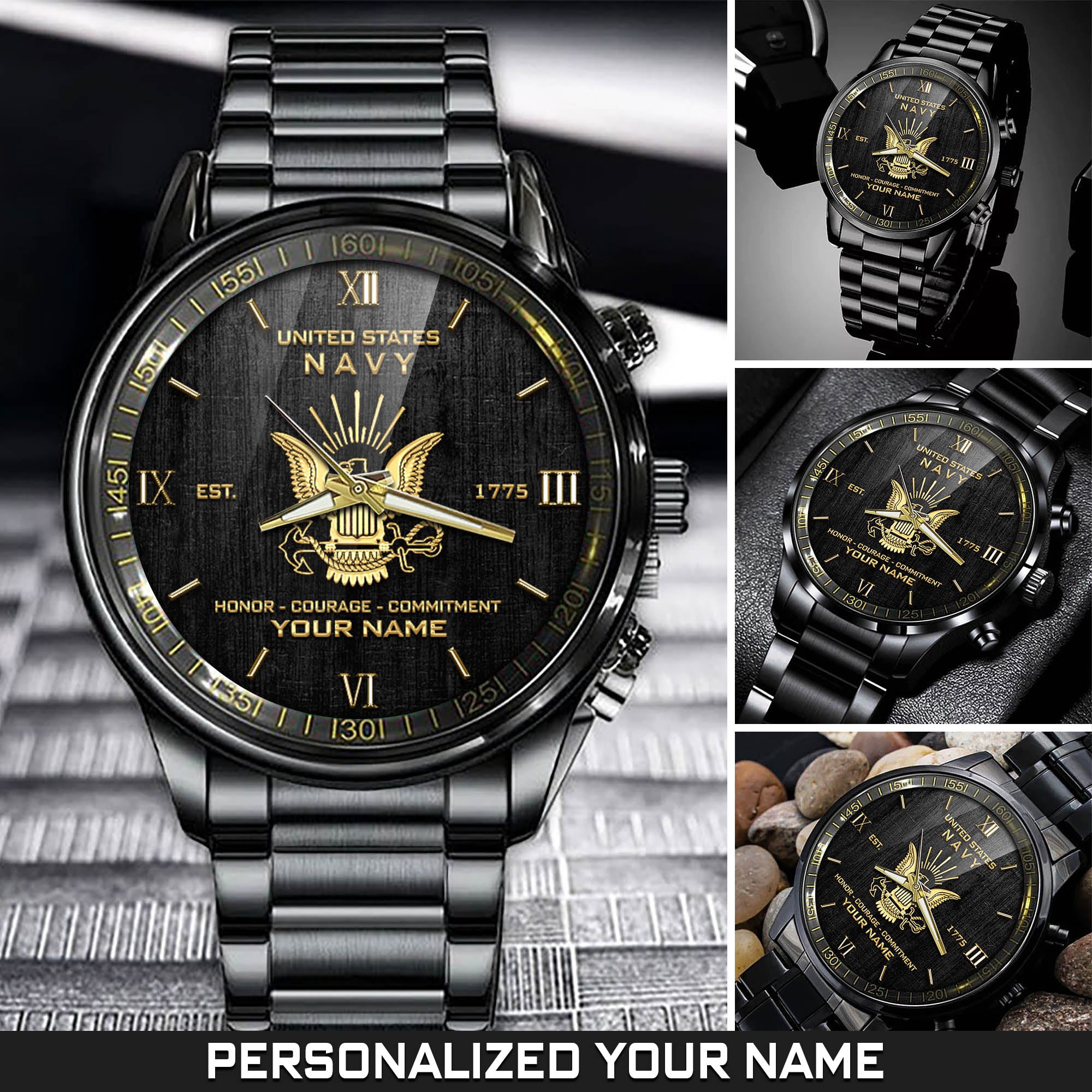 U.S. Navy Black Watch Honor Courage Commitment Navy Military Fashion Watch Personalized Gift for Soldier