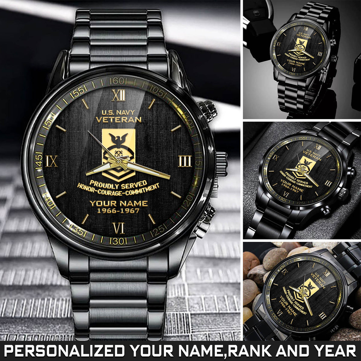 US Navy Veteran Black Watch Proudly Served United States Navy Fashion Watch Custom Name Rank And Year Gift