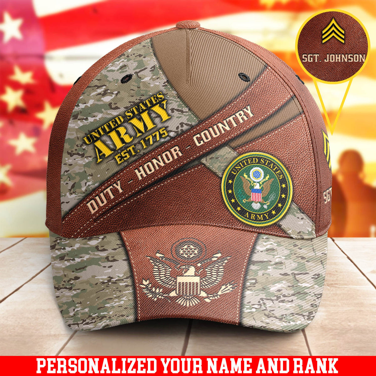 US Army Camouflage Brown Cap Duty Honor Country Military Hat Personalized Army Gift