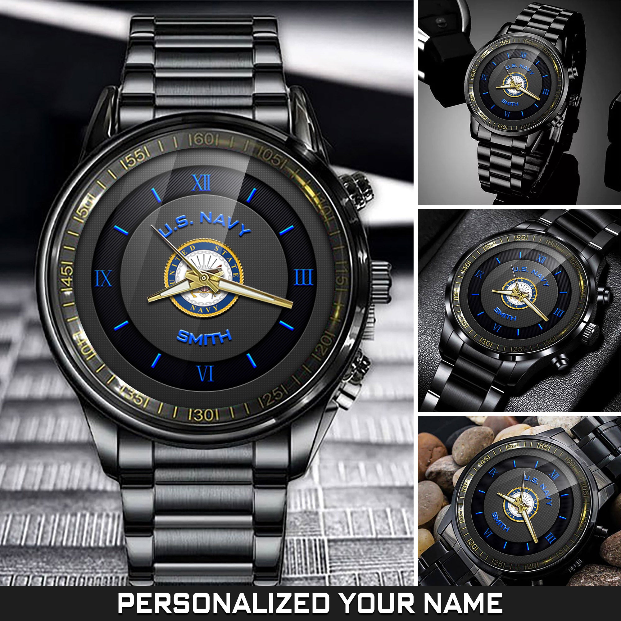 U.S. Navy Emblem Watch Duty Honor Country Navy Black Watch Custom Name Military Gift