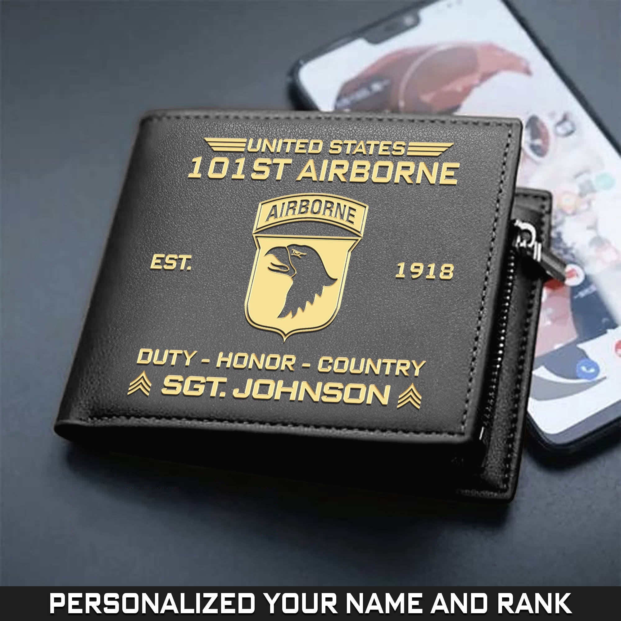 101st Airborne Division Men Wallet Airborne Eagle Leather Wallet Personalized Soldier Gift