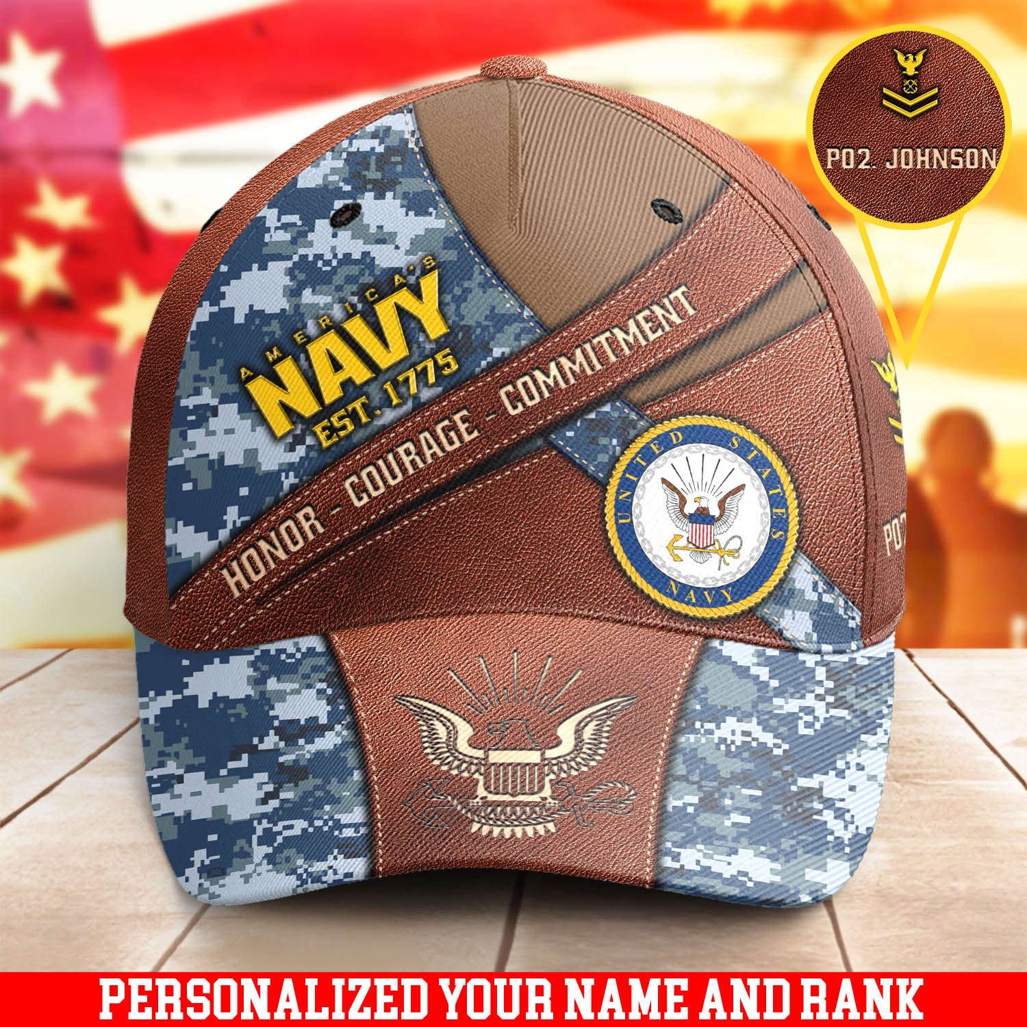 America's Navy Est. 1775 Cap Honor Courage Commitment Military Hat Personalized US Navy Gift