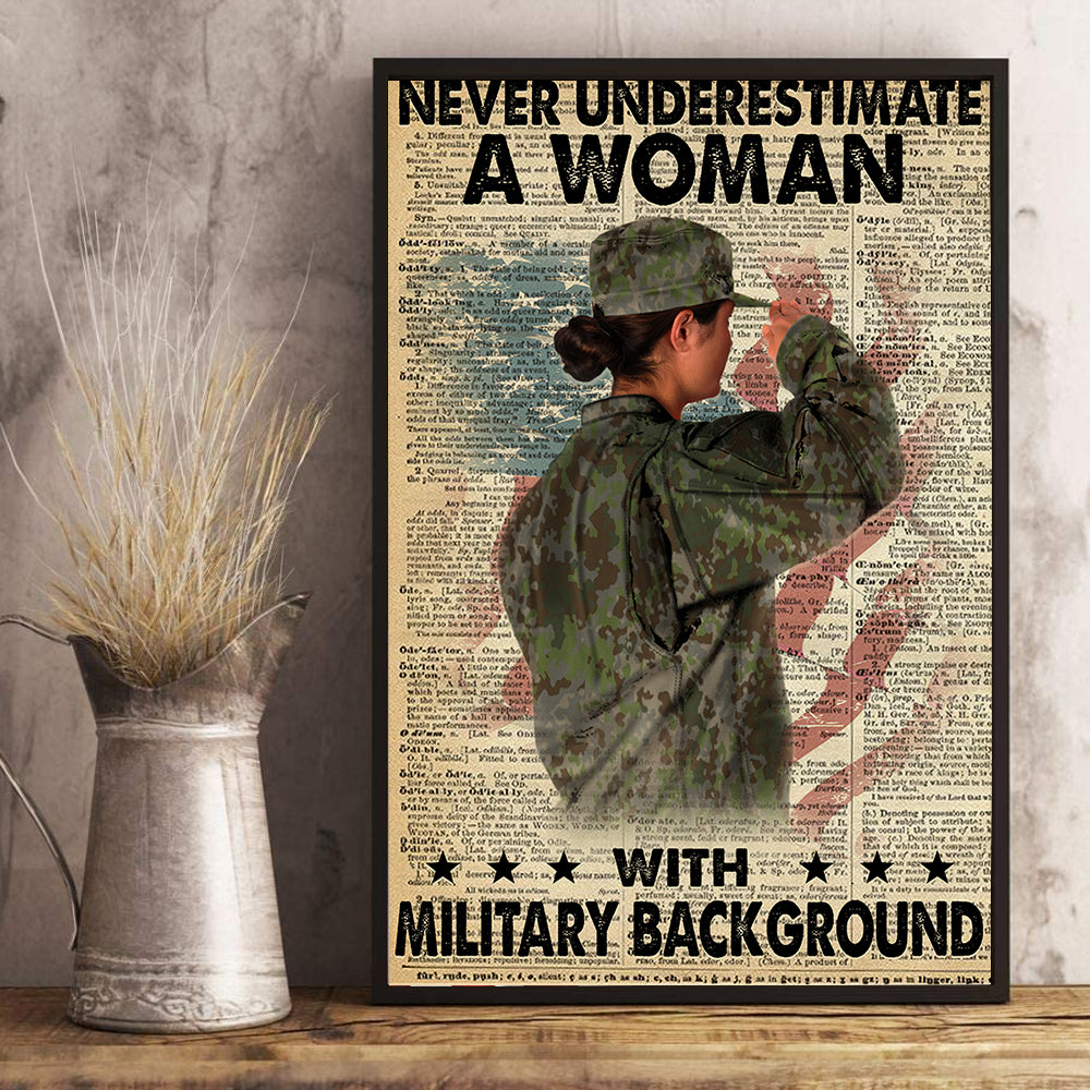 Female Veteran Custom Poster Never Underestimate An Old Woman With Military Background Personalized Gift