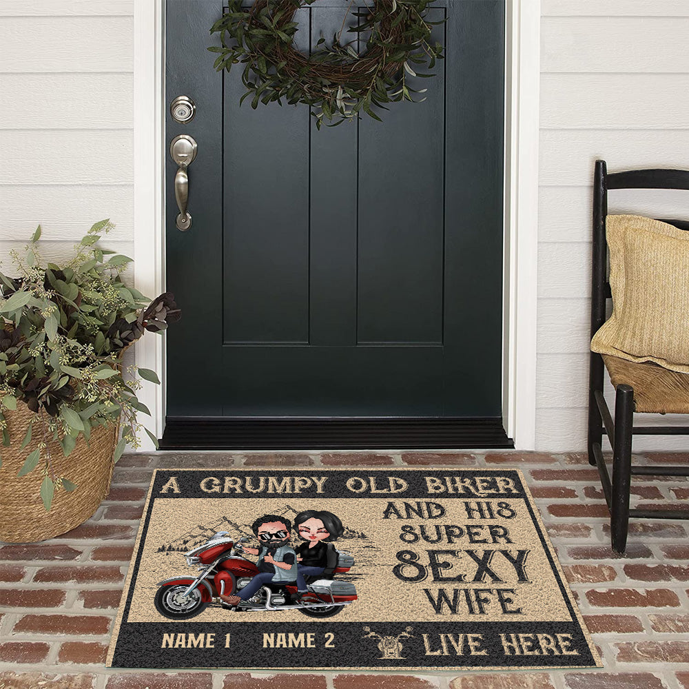 Biker Custom Doormat Grumpy Old Biker And His Super Sexy Wife Live Here Personalized Gift