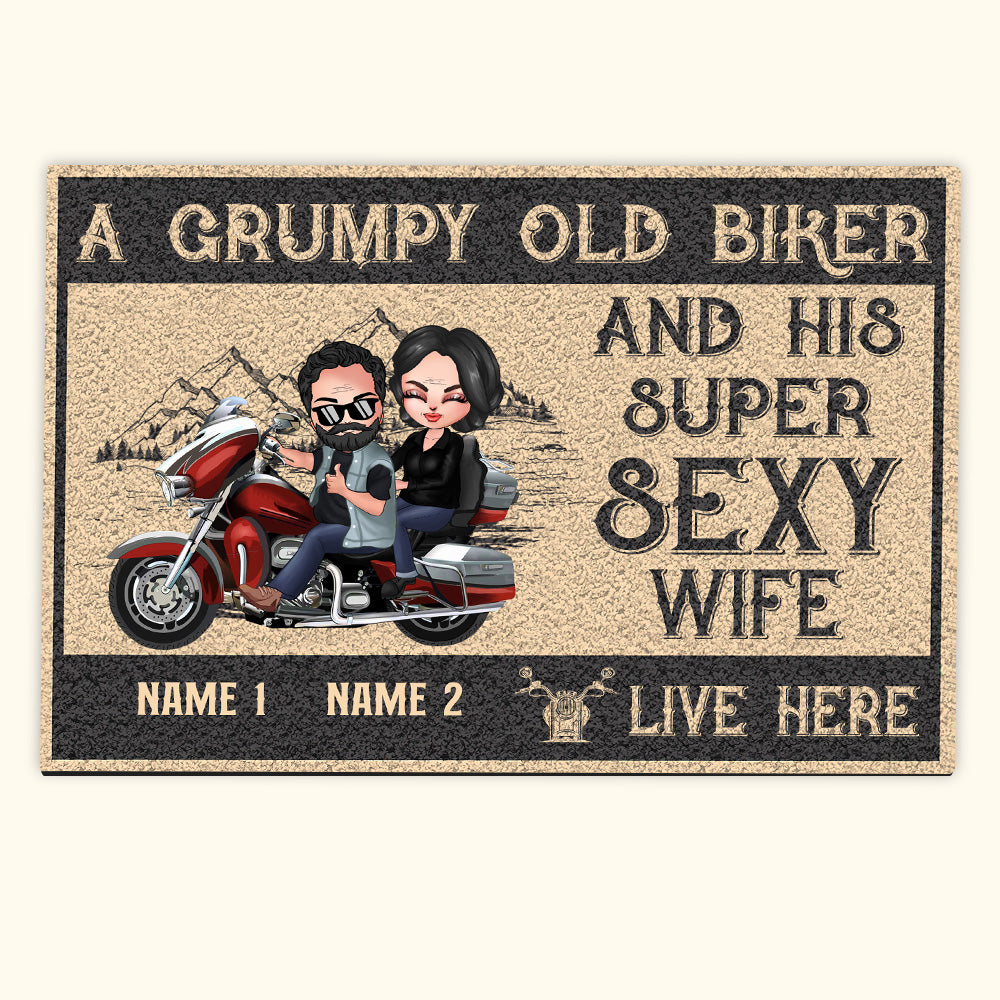 Biker Custom Doormat Grumpy Old Biker And His Super Sexy Wife Live Here Personalized Gift