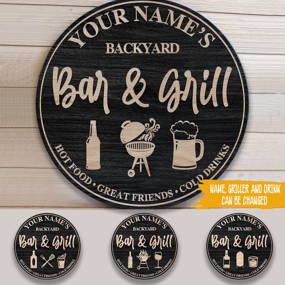 BBQ Custom Round Sign Backyard Bar And Grill Personalized Gift