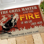 BBQ Custom Doormat Grill Master Lives Here With Flame Of His Life Couple Valentine's Day Personalized Gift - PERSONAL84