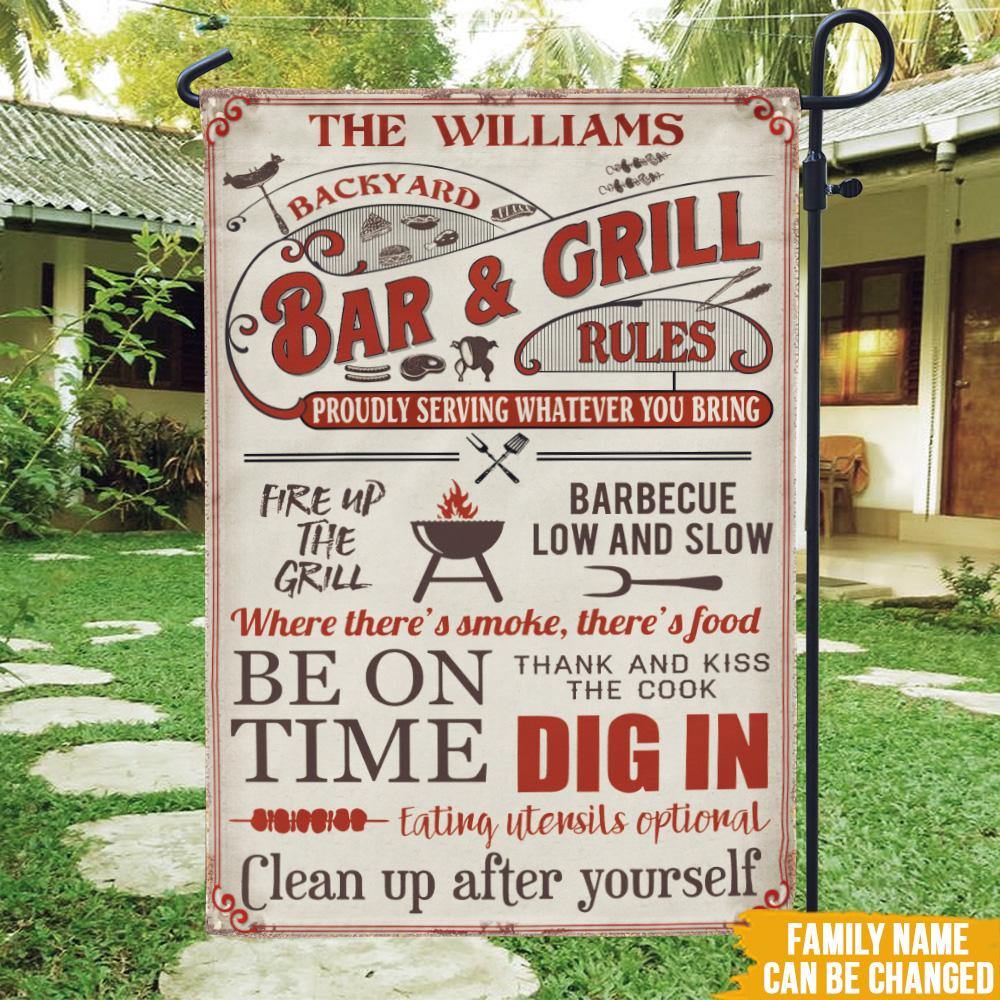 BBQ Custom Garden Flag Family Backyard Bar & Grill Rules Personalized Gift - PERSONAL84