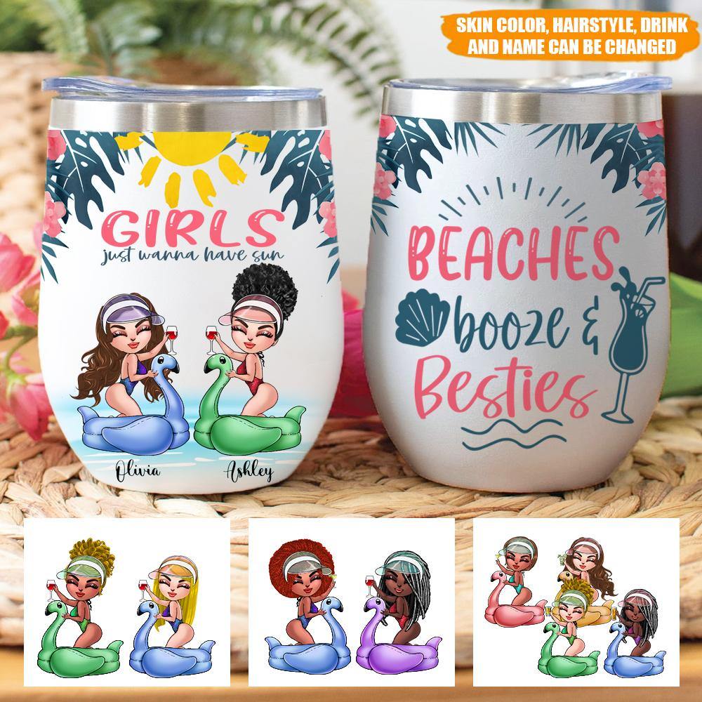 Bestie Custom Wine Tumbler Beaches Booze & Besties Summer Personalized Gift - PERSONAL84