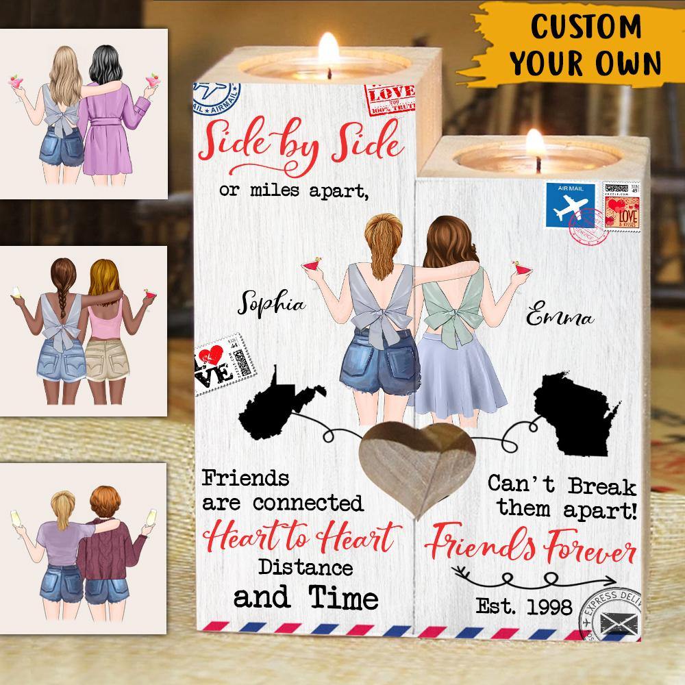 Bestie US Custom Wooden Candlestick Side By Side Or Miles Apart Personalized Gift - PERSONAL84