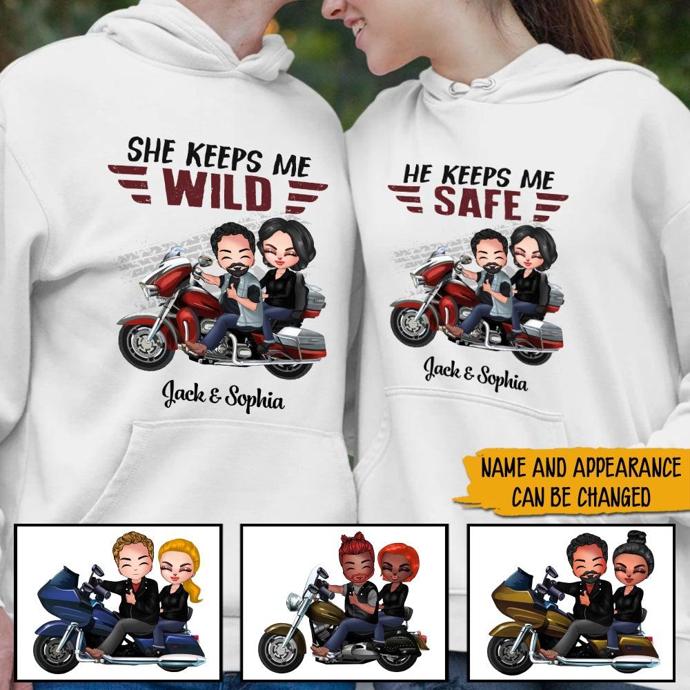 Biker Couple Matching Custom Shirt He Keeps Me Safe She Keeps Me Wild Personalized Motorcycle Gift - PERSONAL84