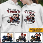 Biker Couple Matching Custom Shirt He Keeps Me Safe She Keeps Me Wild Personalized Motorcycle Gift - PERSONAL84