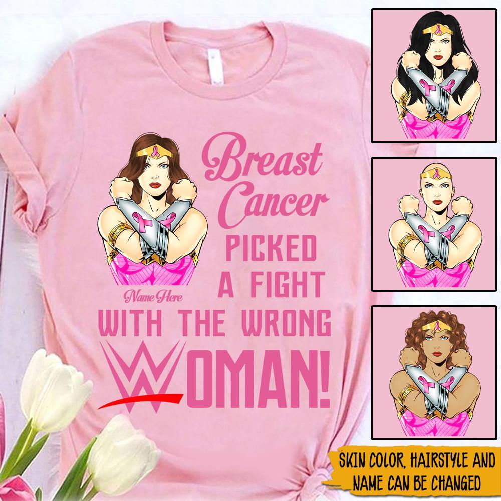 Breast Cancer Custom T Shirt Breast Cancer Picked A Fight With The Wrong Woman Personalized Gift - PERSONAL84