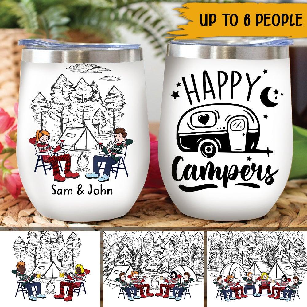 Camping Bestie Couple Team Custom Wine Tumbler Happy Campers Personalized Gift For Friends - PERSONAL84