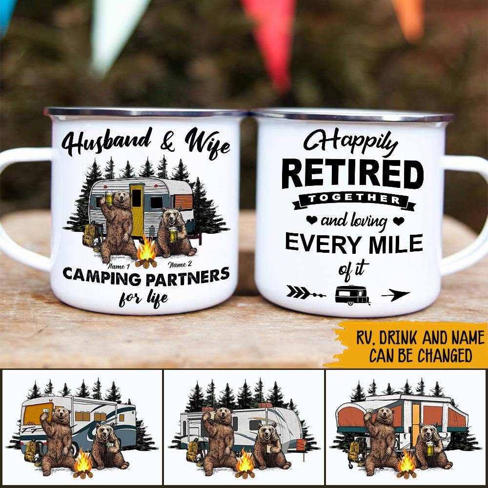 Camping Custom Enameled Mug Happily Retired Together And Loving Every Mile Personalized Gift - PERSONAL84