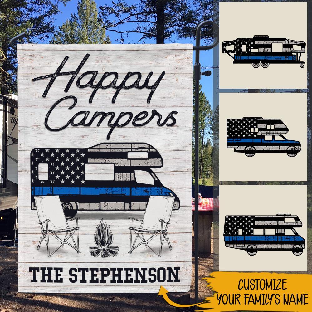 Camping Custom Garden Flag Happy Camper Blue Line Personalized Gift - PERSONAL84