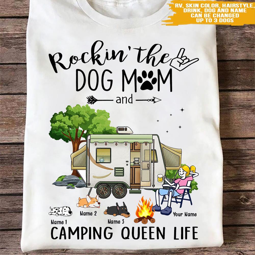 Camping Custom T Shirt Rockin The Dog Mom And Camping Queen Life Personalized Gift - PERSONAL84