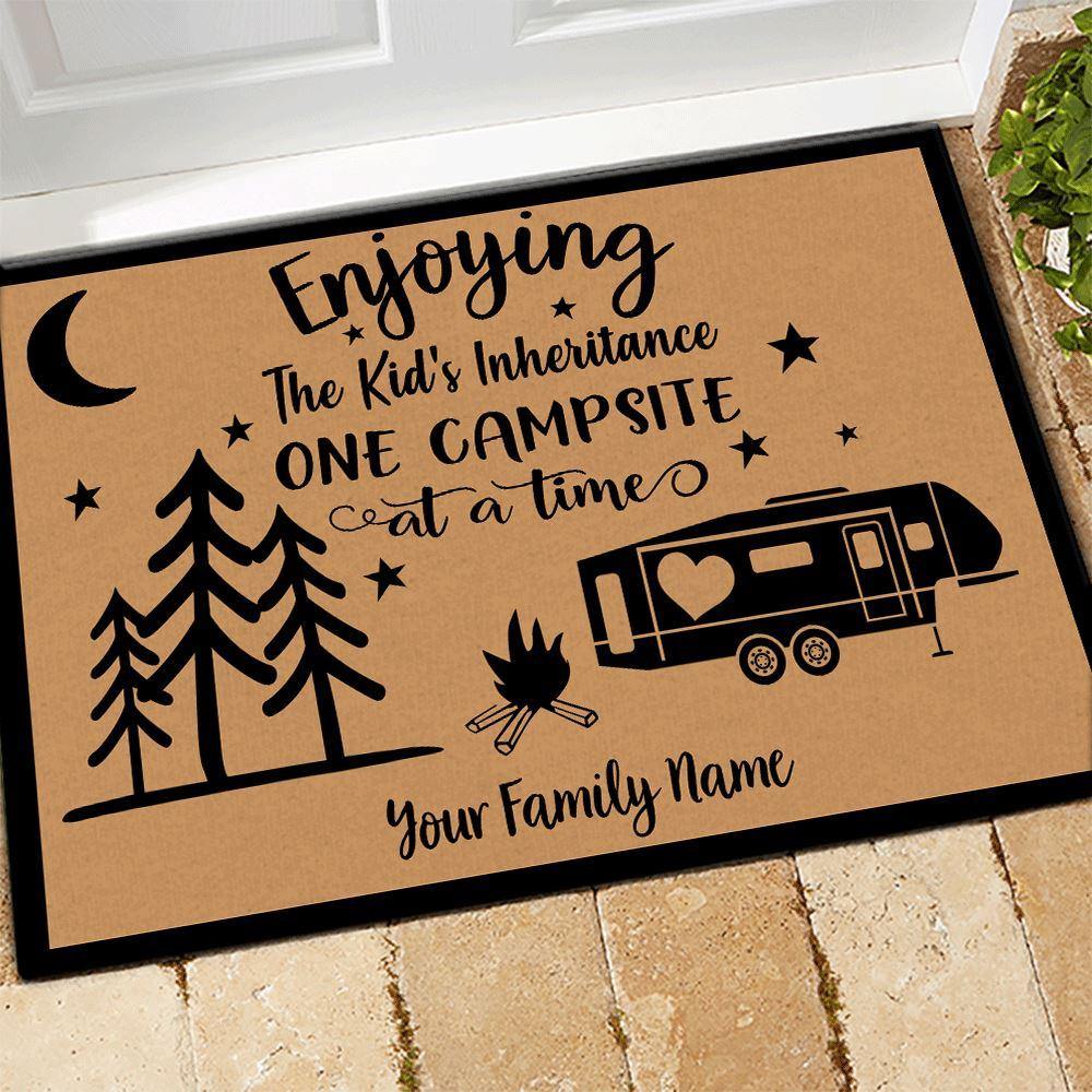 Camping Doormat Customized Name and RV Enjoying The Kid's Inheritance One Campsite At A Time Personalized Gift - PERSONAL84