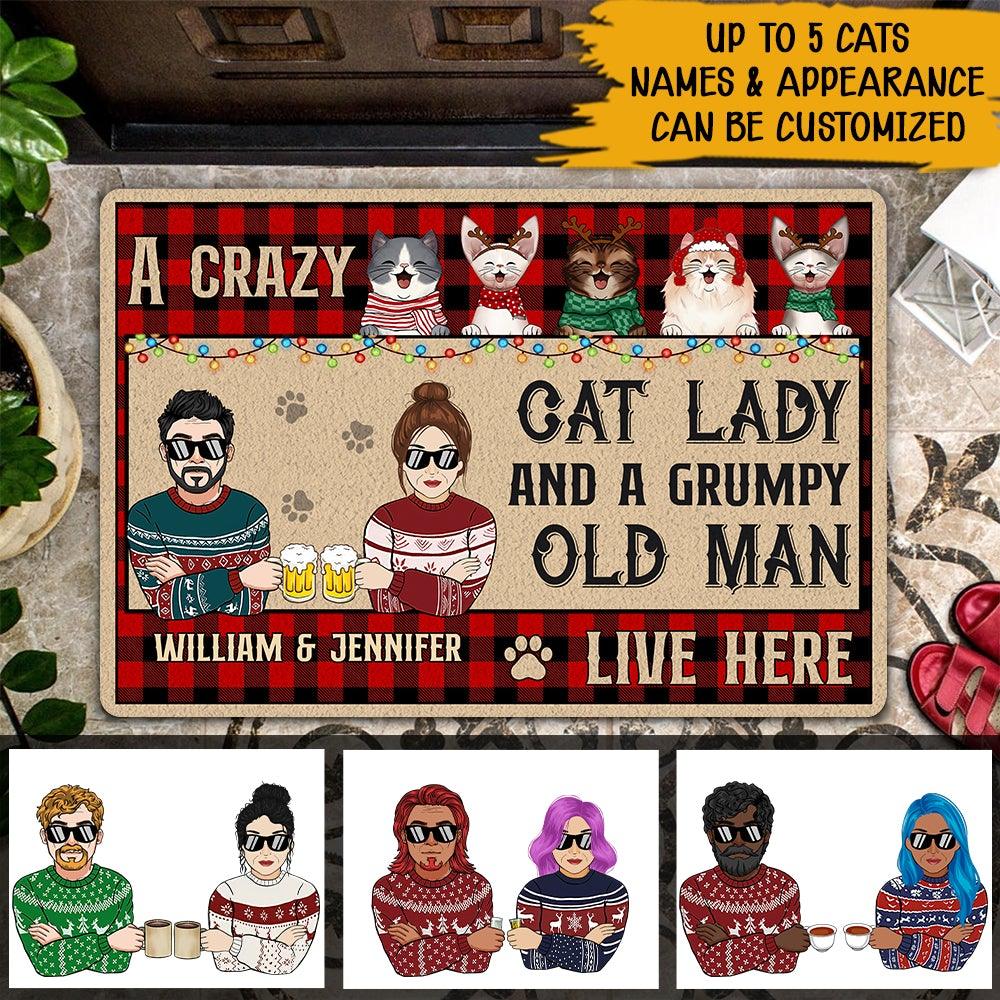 Cat Christmas Custom Doormat A Crazy Cat Lady And A Grumpy Old Man Live Here Personalized Gift For Cat Lovers - PERSONAL84
