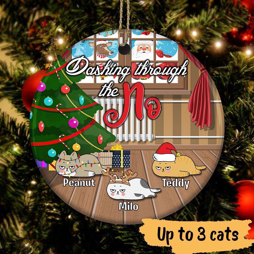 Cat Circle Ornament Personalized Name And Color Dashing Through The No - PERSONAL84